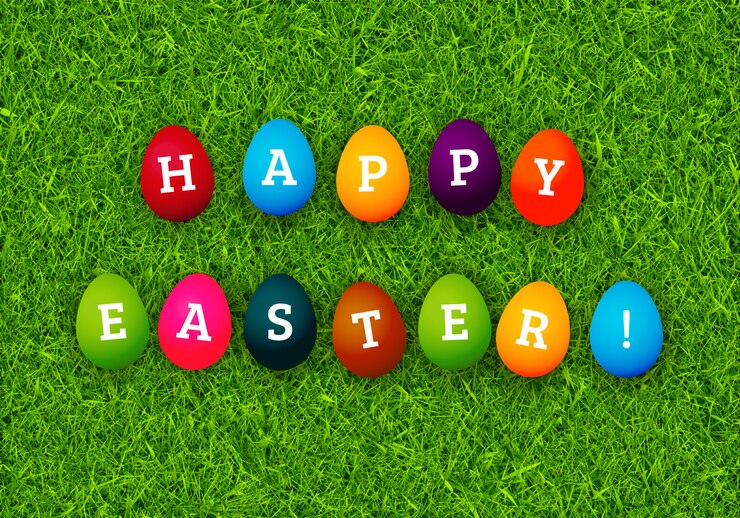 Vettore cartolina d'auguri di buona pasqua con uova colorate su erba verde