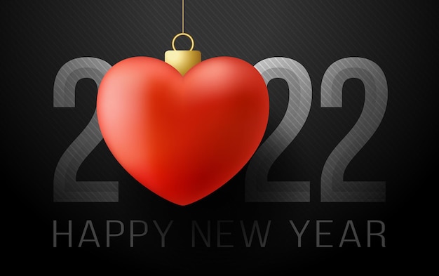 Cartolina d'auguri di felice anno nuovo 2022 a forma di cuore. Felice anno nuovo 2022 con amore realistico Heart Text Design. fondo di concetto 3d. Illustrazione vettoriale