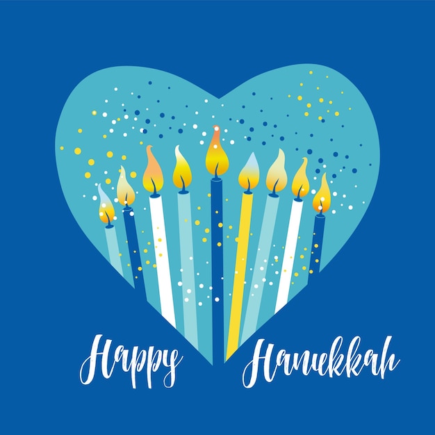 Cartolina d'auguri di festa ebraica hanukkah simboli tradizionali chanukah candele menorah nel cuore illustra