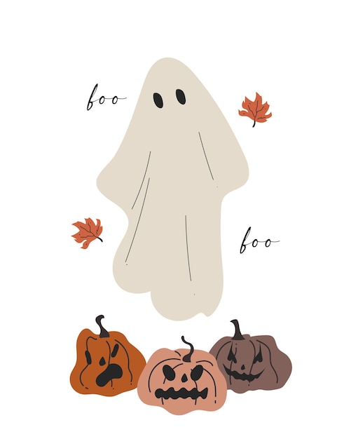 Cartolina d'auguri di Halloween disegnata a mano con simpatico fantasma e zucche spaventose