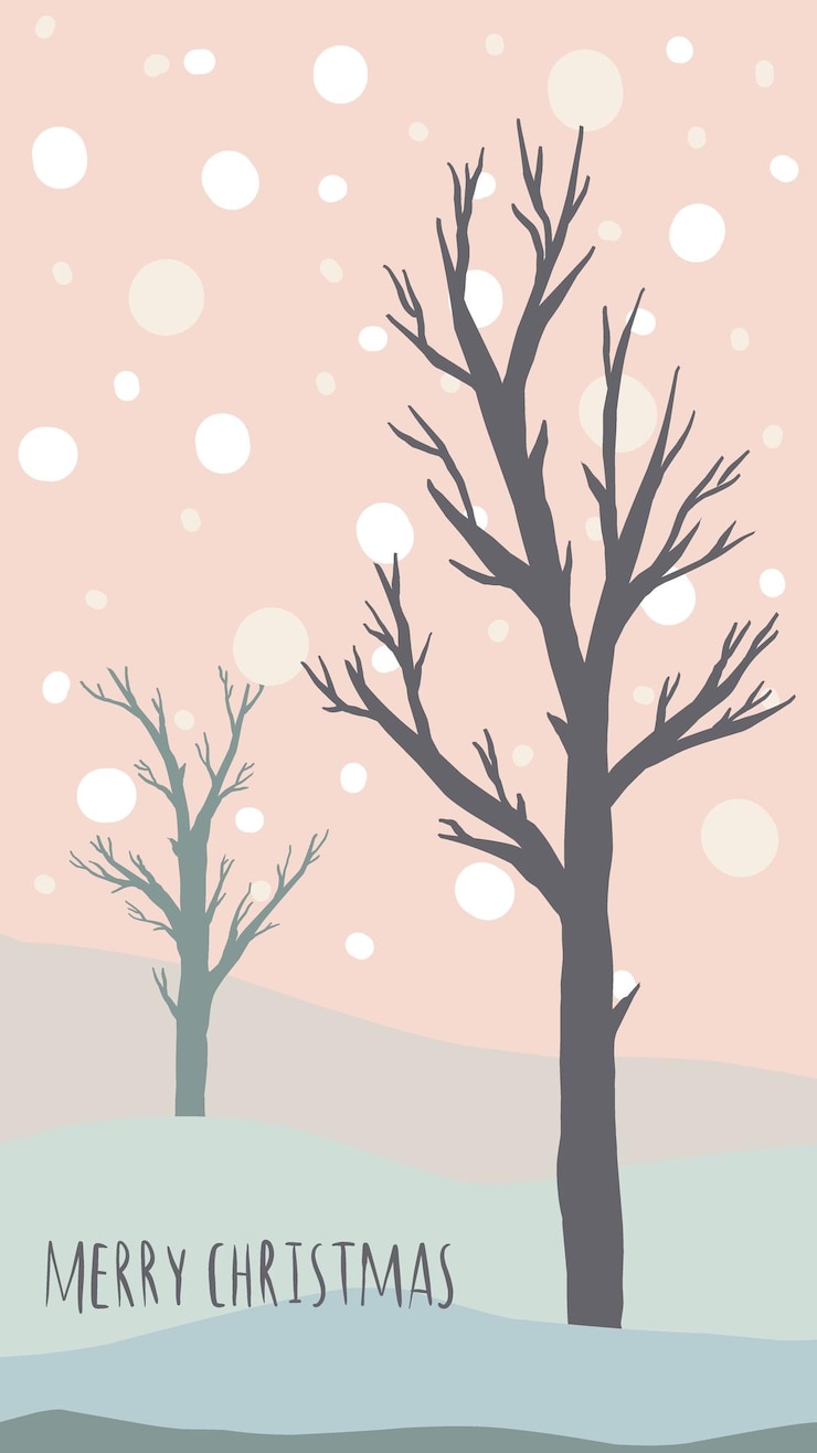 Vettore cartolina d'auguri di natale stile disegnato a mano carino e colori pastello abbinati alla moda albero di natale e pupazzo di neve con confezione regalo su cumulo di neve con ghirlanda e fiocchi di neve