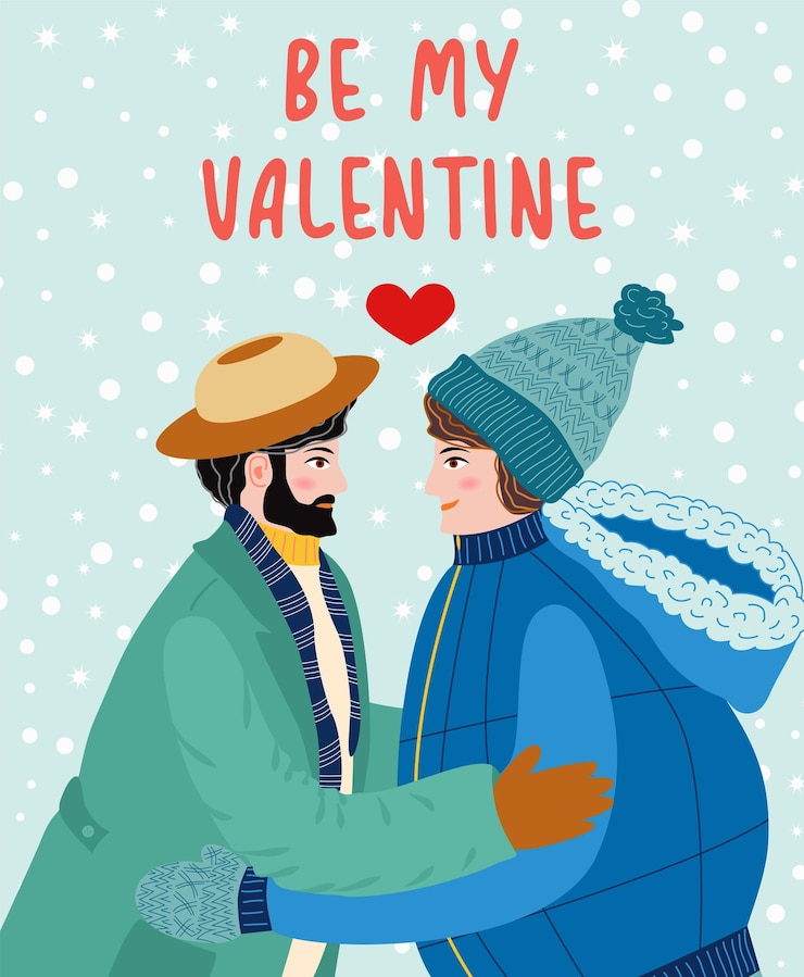 Vettore cartolina d'auguri di san valentino disegnata a mano piatta amorevole coppia di giovani uomini gay