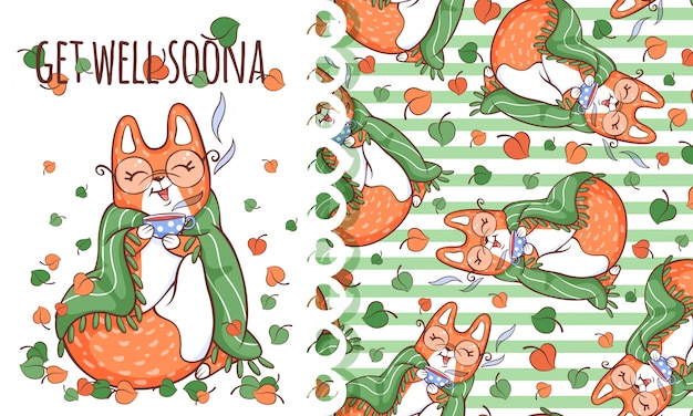 Cartolina d'auguri e modello di volpe carina in un plaid con una tazza di tè.