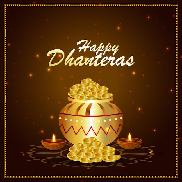 Cartolina d'auguri felice celebrazione dhanteras con moneta d'oro kalash