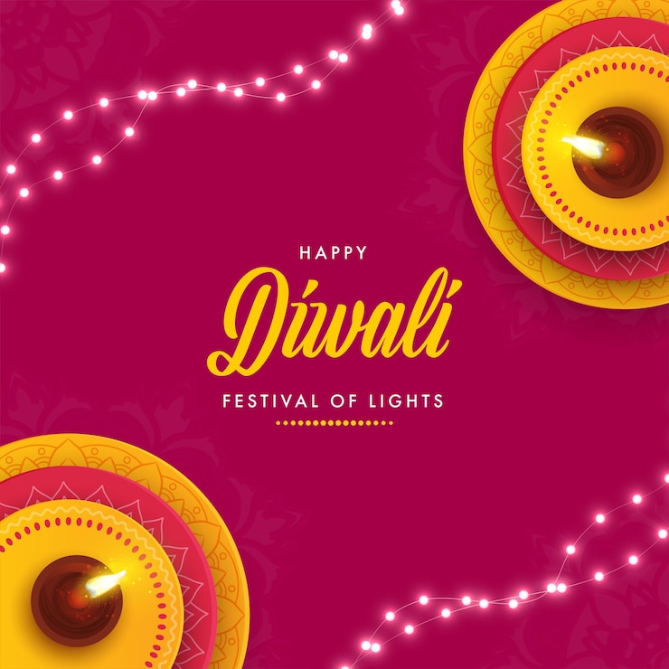 Vettore cartolina d'auguri felice diwali con vista dall'alto di lampade a olio accese diya e ghirlanda di illuminazione decorata su sfondo rosa