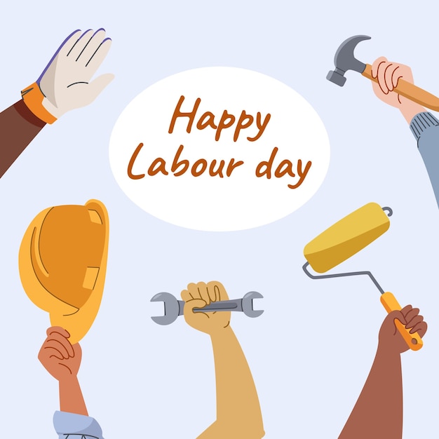 Cartolina d'auguri per la festa del lavoro modello quadrato persone diversa occupazione che tiene la chiave del martello del casco