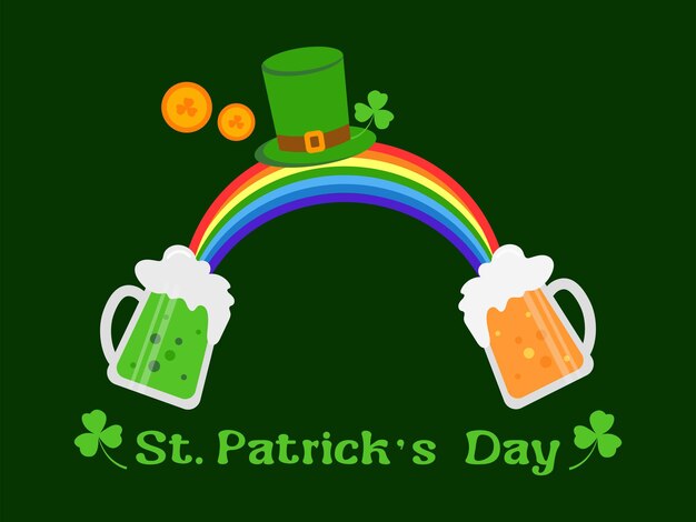Cartolina di auguri vettoriale per il giorno di San Patrizio con un arcobaleno e un leprechaun cappello bicchieri di birra monete d'oro