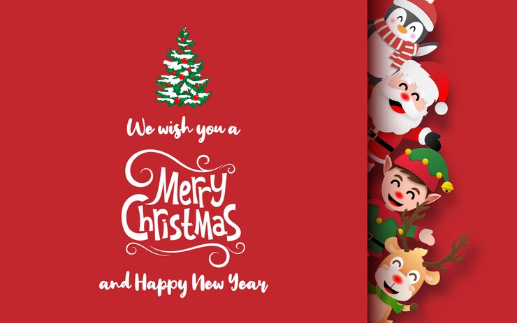 Cartolina di Babbo Natale e personaggi natalizi