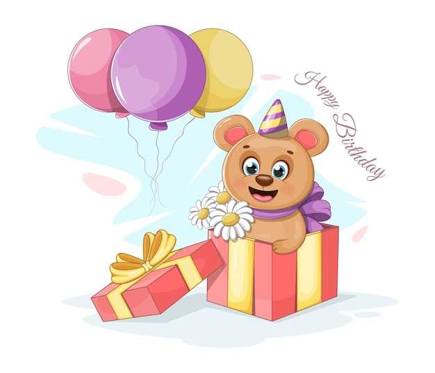 Cartolina di compleanno con palloncini di fiori di orso divertente e una confezione regalo