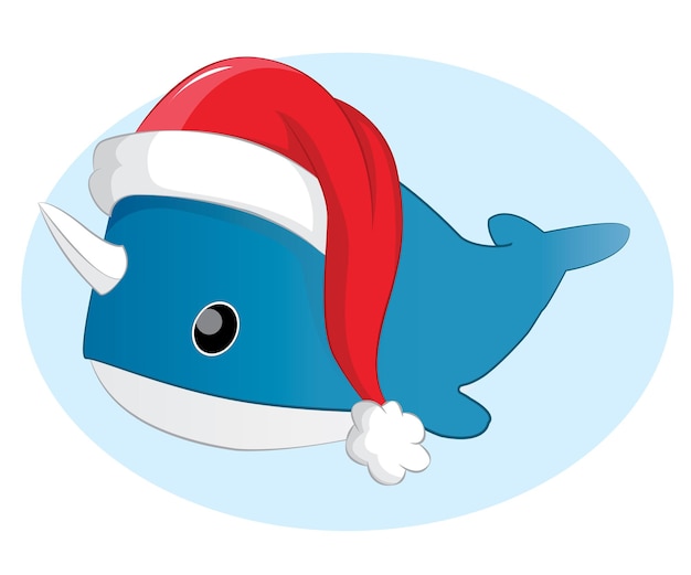 Cartolina di Natale con baby balena blu carino in cappello di Babbo Natale su sfondo scuro. Illustrazione vettoriale.