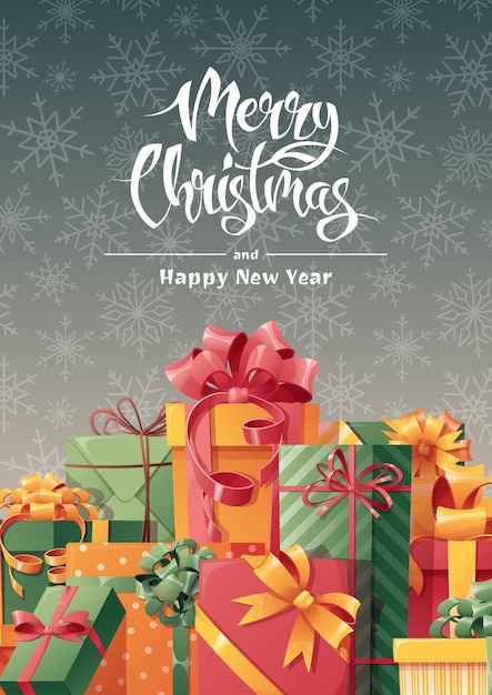 Cartolina di Natale con scatole regalo con fiocchi. Priorità bassa festiva di Natale con decorazioni invernali. Vettore malato