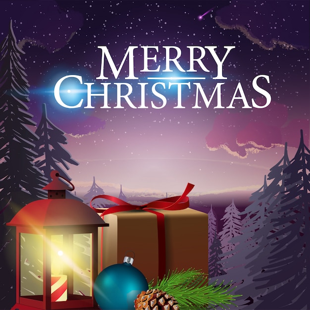 Cartolina di Natale con un bellissimo paesaggio invernale e lampada antica