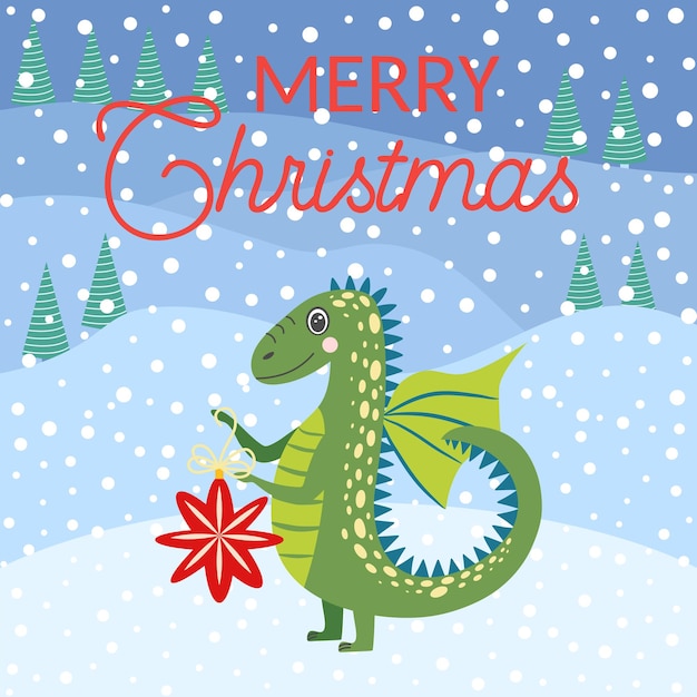 Cartolina di Natale con un simpatico drago verde Anno del Drago 2024 Cina