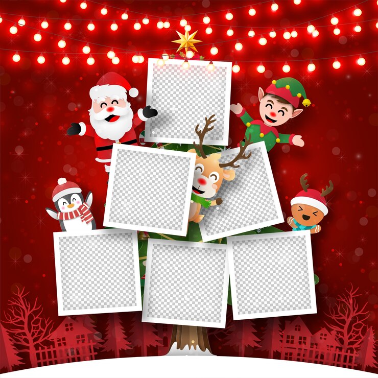 Cartolina di Natale della cornice per foto sull'albero di Natale con Babbo Natale e amici