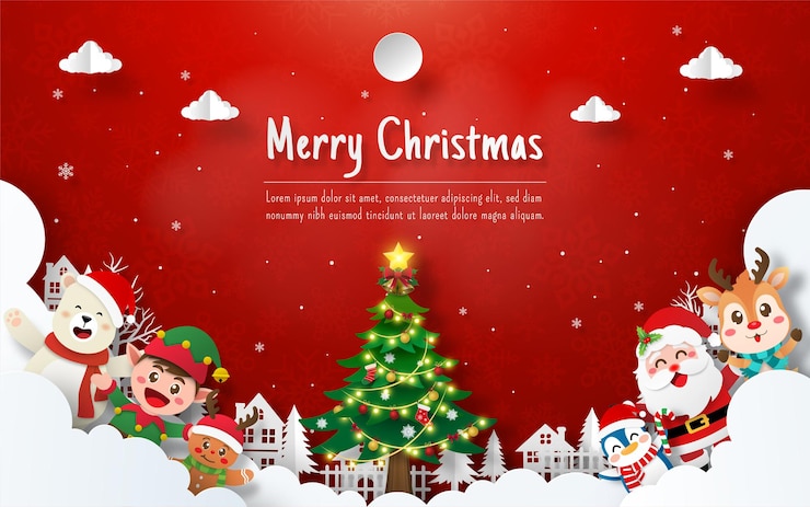 Cartolina di Natale di Babbo Natale e amici del villaggio