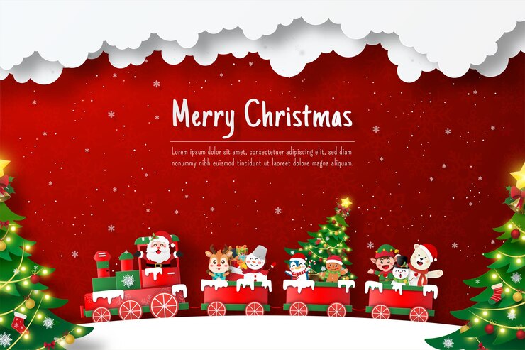 Cartolina di Natale di Babbo Natale e amico sul treno di Natale, illustrazione del taglio della carta
