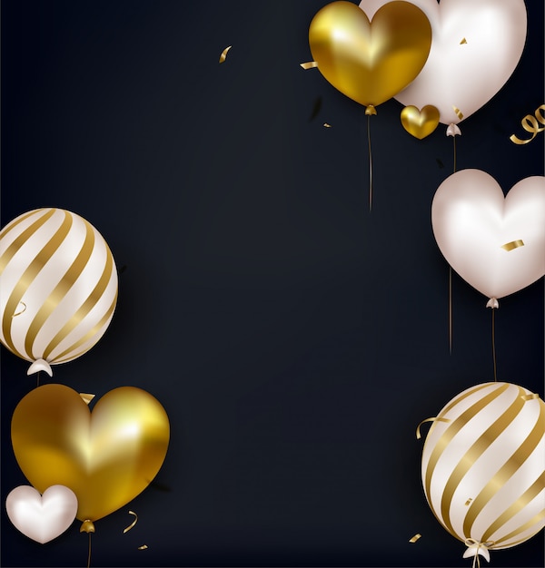 Cartolina di San Valentino con palloncini bianchi e oro e coriandoli