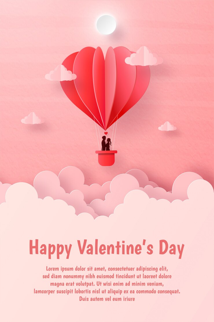 Cartolina di San Valentino, coppia sul palloncino a forma di cuore sul cielo con copyspace