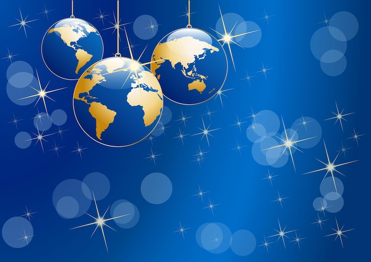 Vettore cartolina di vettore dell'albero di natale in blu palle a forma di sfondo del pianeta terra
