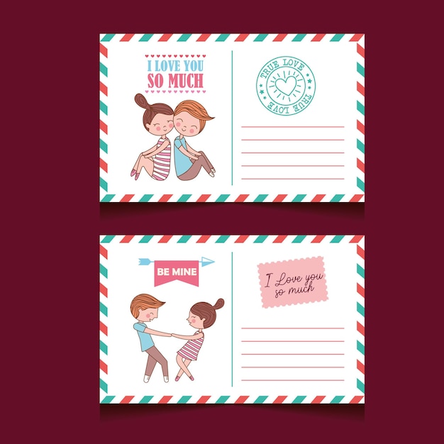 Cartoline postali di San Valentino con coppia carina innamorata e gomme.