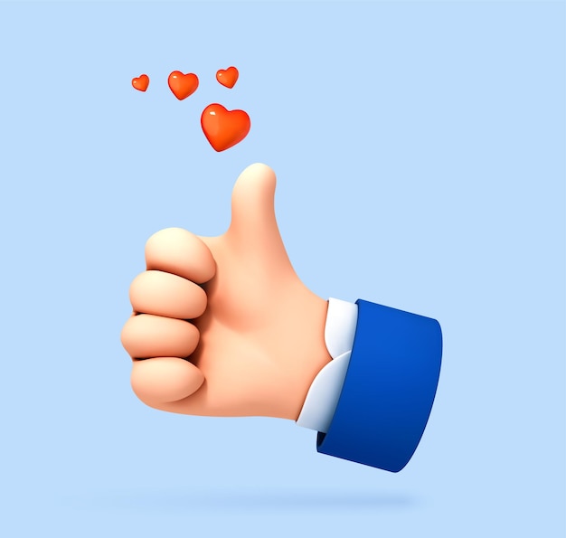 Cartone animato 3D pollice in su gesto della mano isolato su sfondo blu Pollice in alto o segno simile Concetto di social media Illustrazione 3d vettoriale