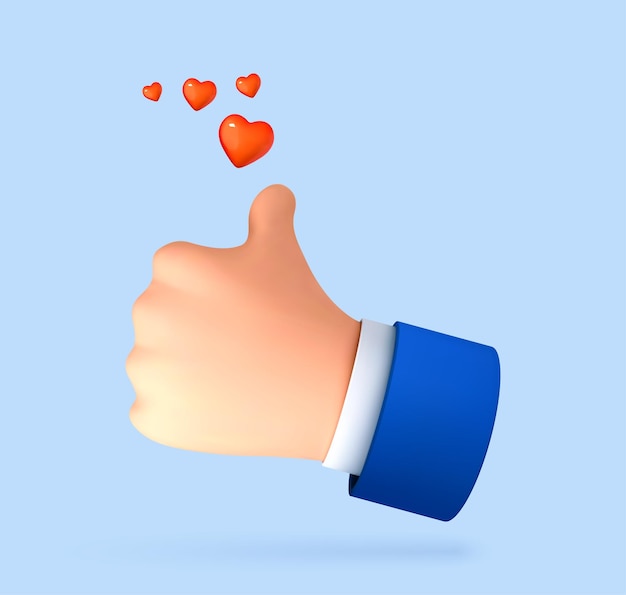 Cartone animato 3D pollice in su gesto della mano isolato su sfondo blu Pollice in alto o segno simile Concetto di social media Illustrazione 3d vettoriale