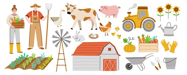 Cartone animato carino elementi fattoria Coppia di agricoltori divertenti tenere forcone e scatola di verdure animali domestici e uccelli villaggio oggetti vettore setjpg