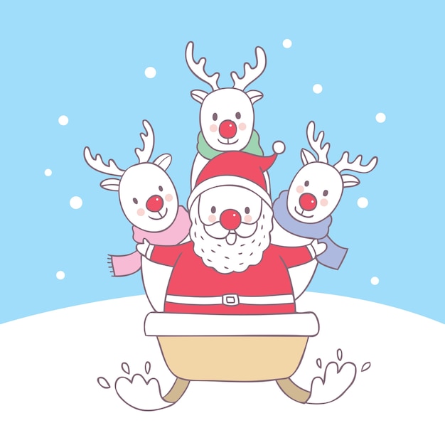 Cartone animato carino Natale Babbo Natale e renne vettoriale.