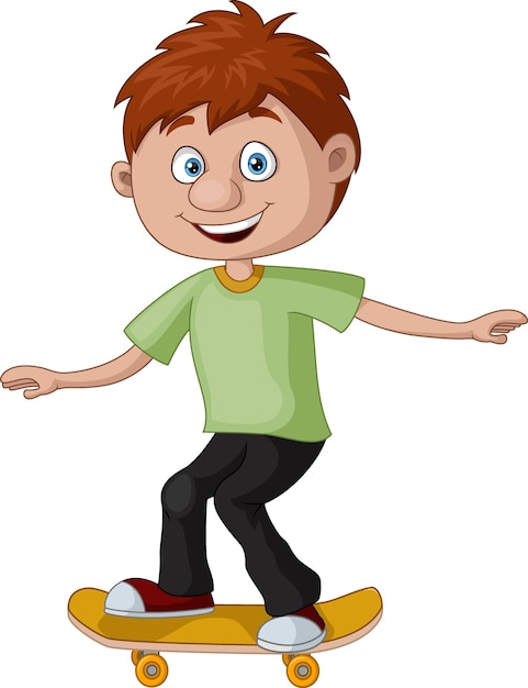 Cartone animato carino ragazzino che guida uno skateboard