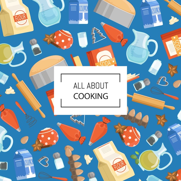 cartone animato cucina ingridients o generi alimentari con posto per il testo. Poster di banner cucina con ingrediente