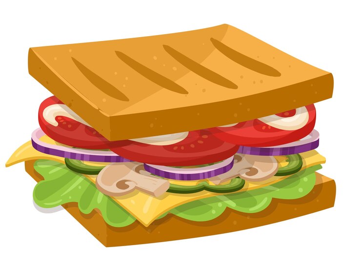 Vettore cartone animato delizioso panino panino succoso con verdure formaggio e funghi da asporto ristorante fast food burger piatto vettore illustrazione su sfondo bianco