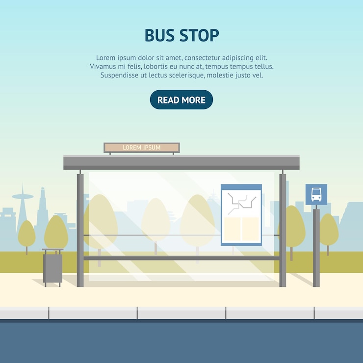 Vettore cartone animato della fermata dell'autobus poster del concetto pubblicitario del trasporto pubblico in città