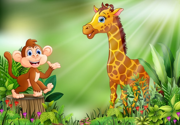Cartone animato della scena della natura con una scimmia che si siede sul ceppo e sulla giraffa di albero