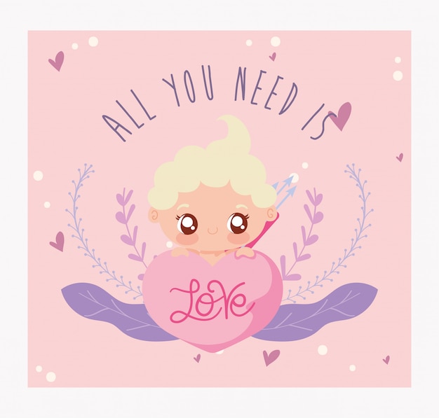Cartone animato di cupido biondo San Valentino felice con il cuore