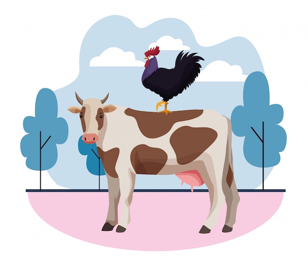Cartone animato di fattoria, animali e contadino