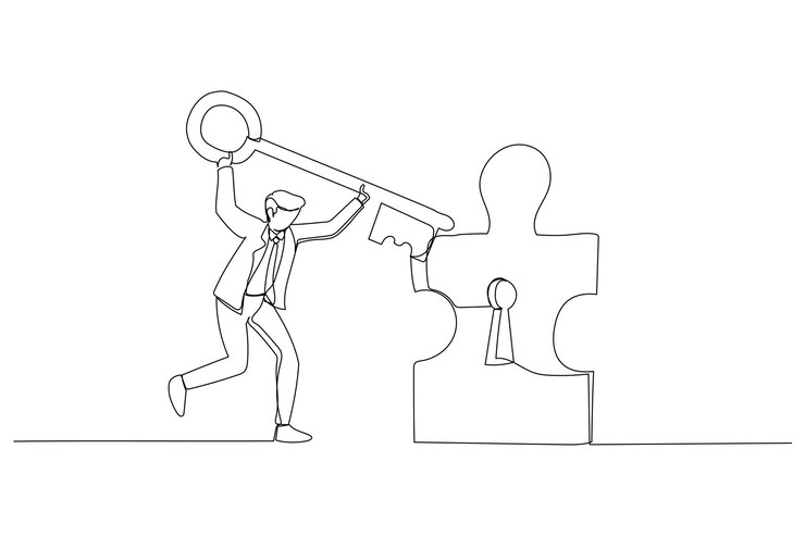 Vettore cartone animato di giovane uomo d'affari in piedi che apre la porta del puzzle con una chiave grande metafora per raggiungere la soluzione dell'obiettivo e il successo stile artistico a linea continua singola