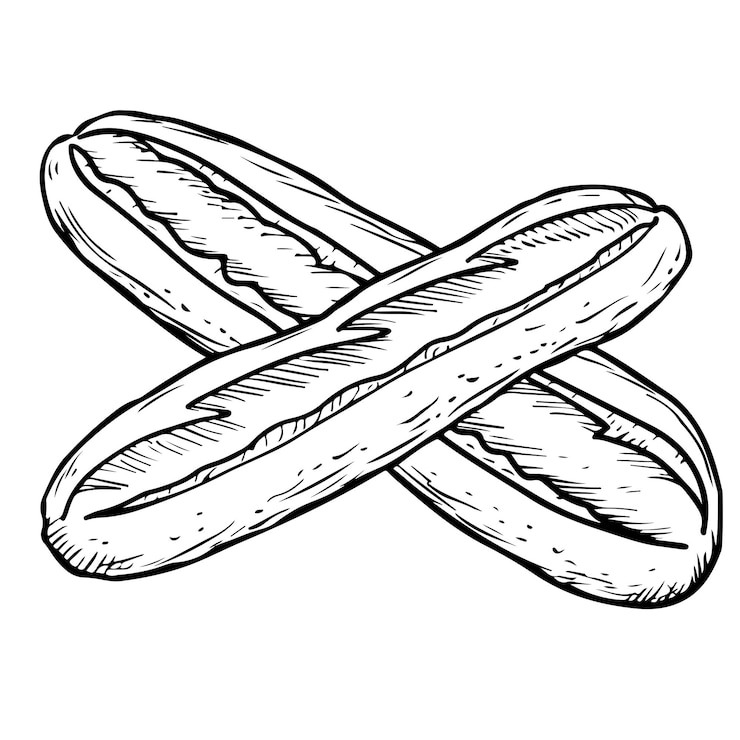 Vettore cartone animato disegnato a mano di illustrazione vettoriale baguette doodle alimentare per bambini colorazione