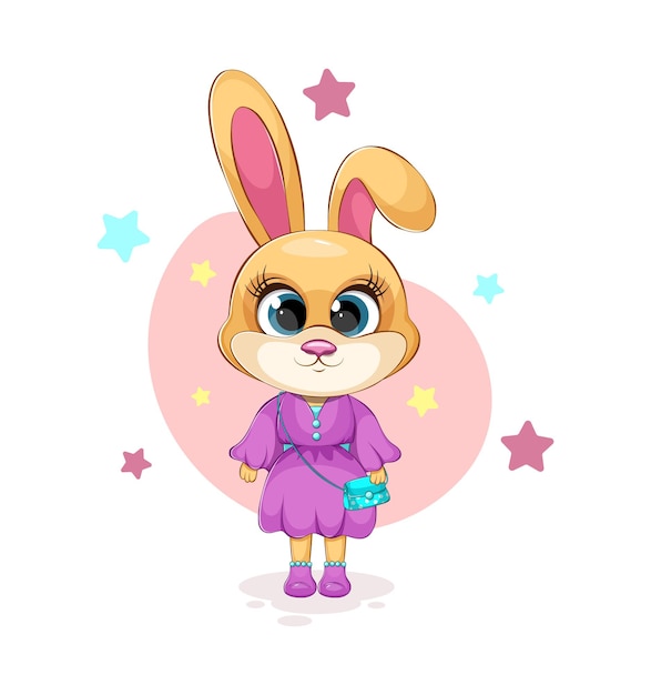Cartone animato e simpatico coniglietto alla moda in un vestito con borsa fresca