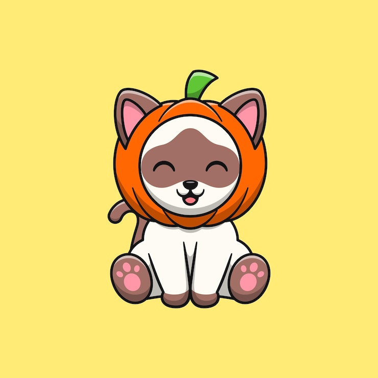 Vettore cartone animato gatto siamese che indossa un casco di zucca di halloween stile cartone animato piatto