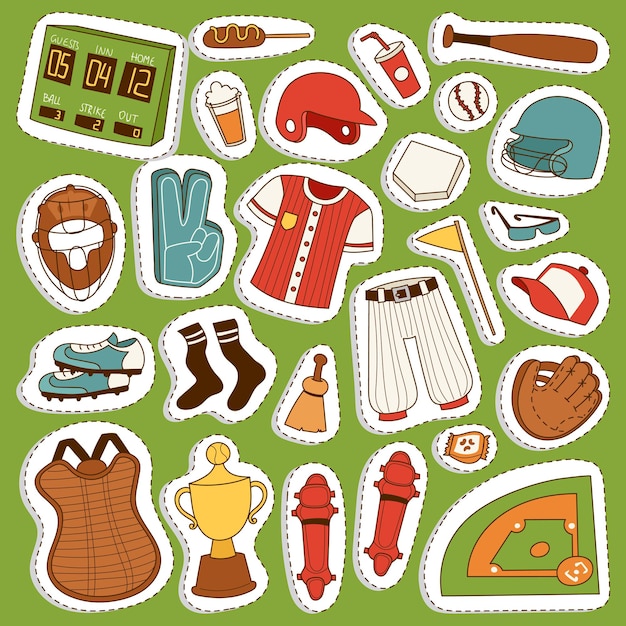 cartone animato gioco di baseball giocatore vestiti uniforme palla guanto e icone di baseball oggetto