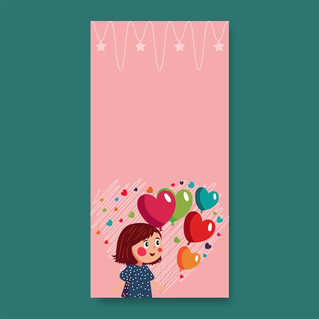 Cartone animato giovane ragazza con mazzo di palloncini cuore colorato su sfondo rosso pastello scarabocchio e spazio di copia