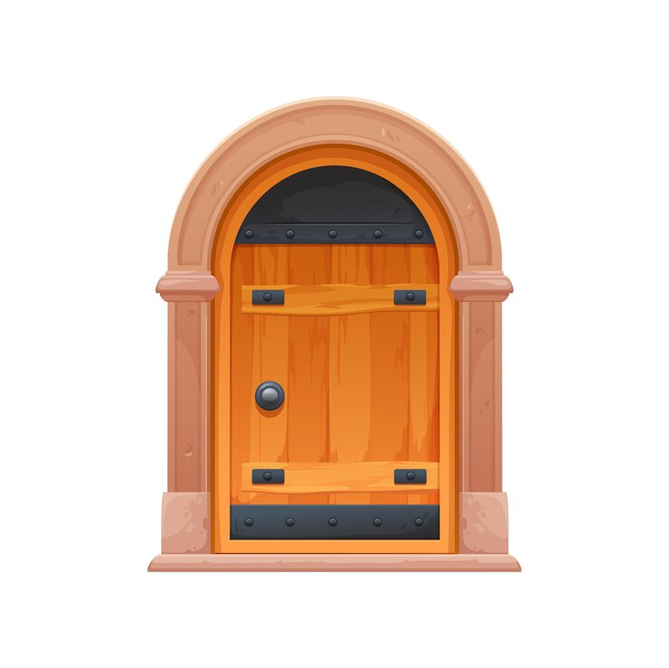 Vettore cartone animato porta del castello medievale con porta in legno vettoriale vecchio portale ad arco dungeon medievale o porta di casa vintage con porta d'ingresso in pietra e legno porta chiusa con handel in metallo per l'architettura del gioco