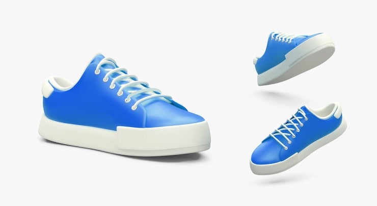 Vettore cartone animato realistico 3d gumshoes in varie posizioni poster moderno con sneakers per il negozio