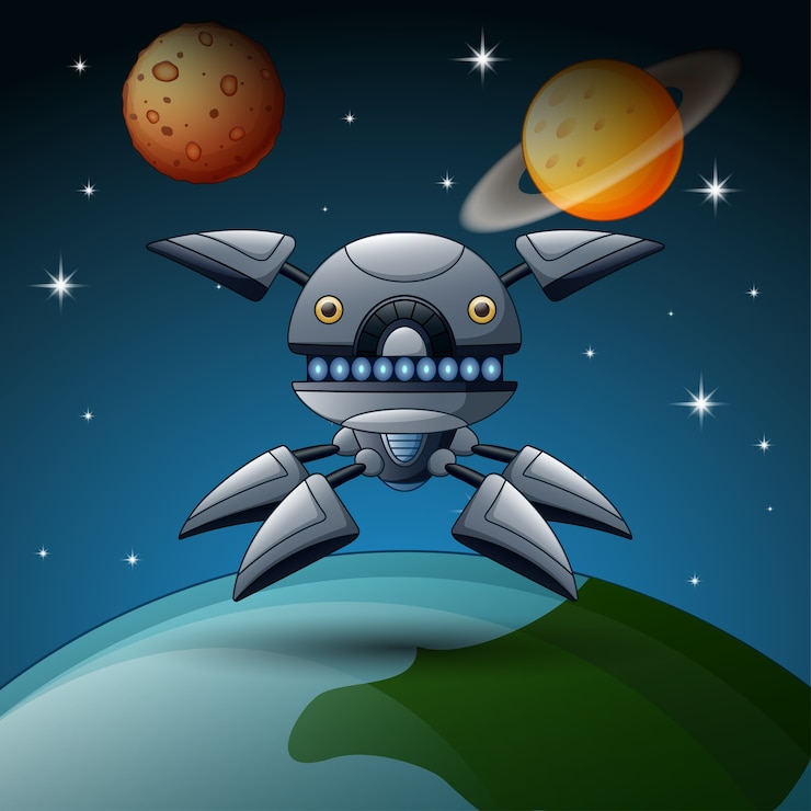Vettore cartone animato robot insieme nello spazio