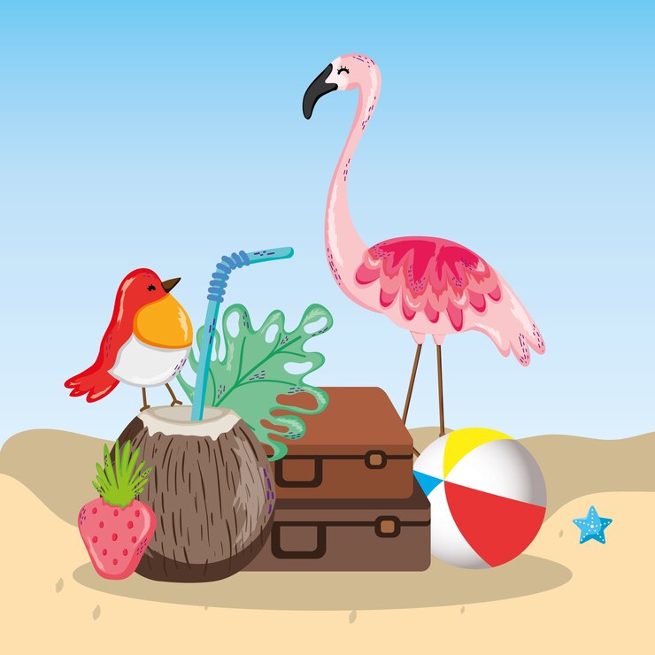 Vettore cartone animato tema tropicale spiaggia scenario
