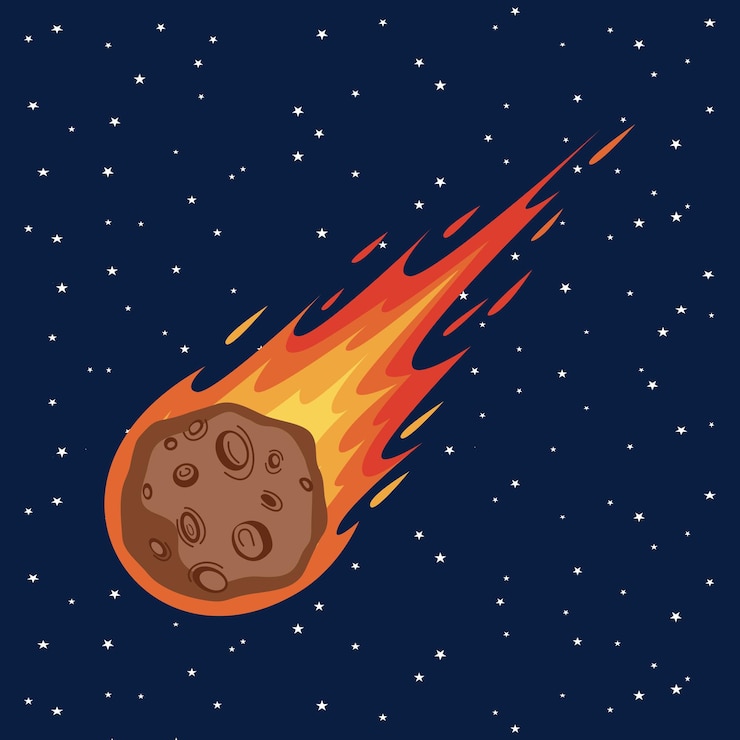Vettore cartone animato vettoriale di meteoriti a fiamma con spazio di sfondo e molte stelle