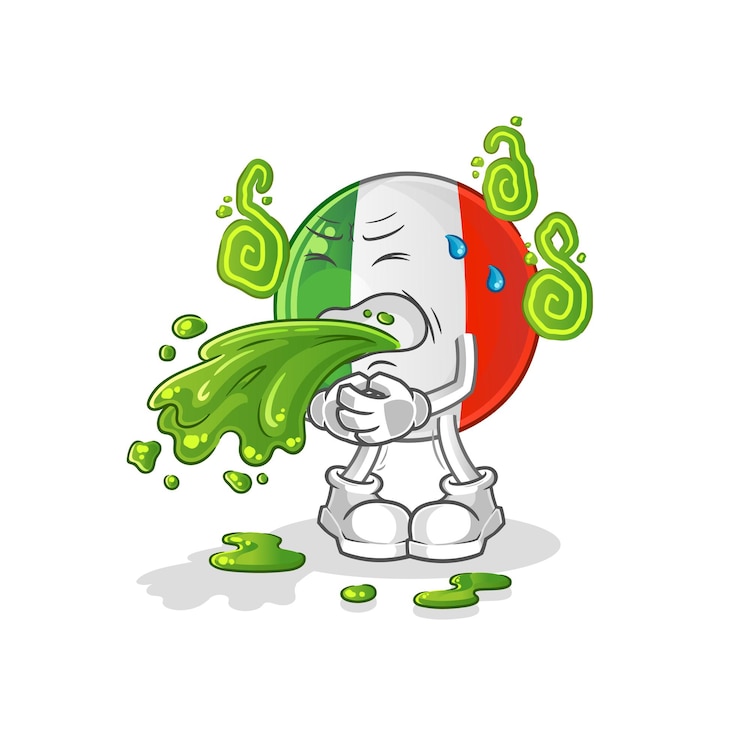 Vettore cartone animato vomitare bandiera italia. vettore della mascotte del fumetto