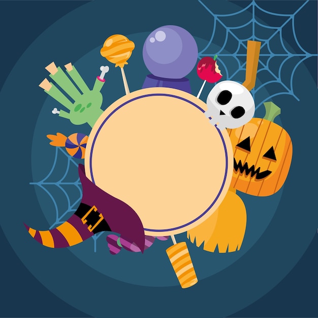 Cartoni animati di Halloween intorno al design del timbro di tenuta, tema spaventoso