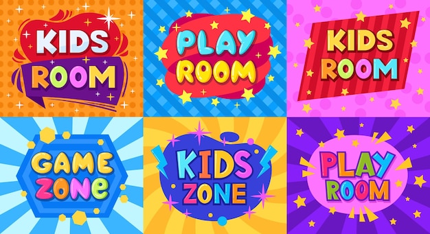 Cartoni animati per bambini adesivi per sala giochi Set di illustrazioni vettoriali piatte per poster per bambini e per sala giochi
