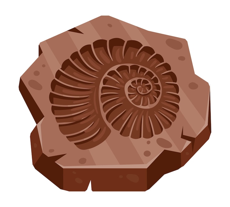 Vettore cartoon archeologia ammonite fossile antica conchiglia paleontologia oceano fauna stampa archeologia scavo ammonite artefatto piatto vettore illustrazione su sfondo bianco